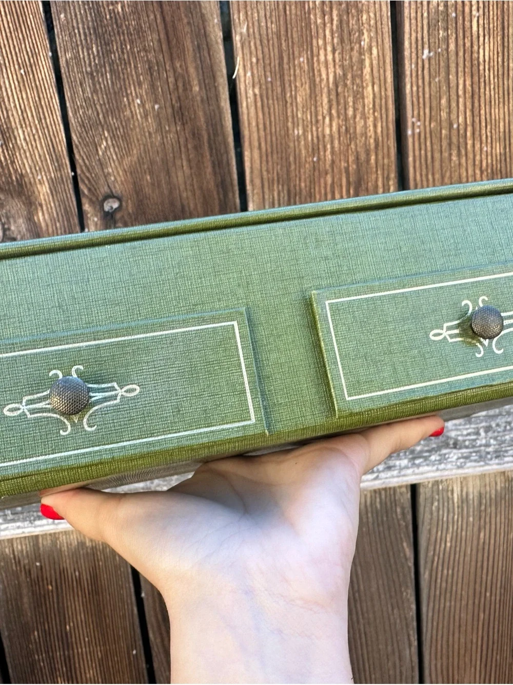 Vintage Cardboard/Leather-like Jewelry Box Green  1960's Trinket 2 Drawers